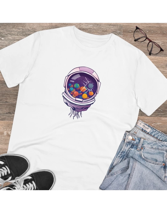 Unisex Helmes and Planets Baskılı Beyaz Basic Tshirt