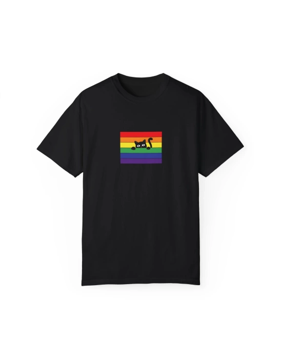 Unisex Hiding Cat Rainbow Flag Tasarım Baskılı Siyah Basic Tshirt