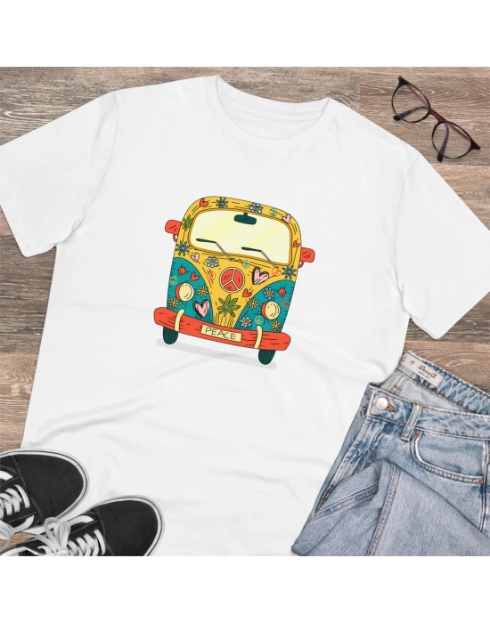 Unisex Hippie Bus Baskılı Beyaz Basic Tshirt