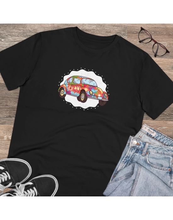 Unisex Hippie Car Baskılı Siyah Basic Tshirt