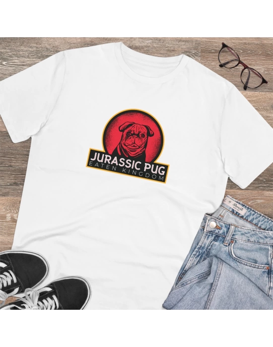 Unisex Jurassic Pug Baskılı Beyaz Basic Tshirt