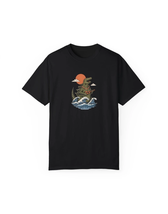 Unisex Kaiju Vacation Baskılı Siyah Basic Tshirt