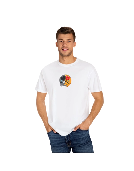 Unisex Kalbi Kırık Zombi Emoji Baskılı Beyaz Basic Tshirt