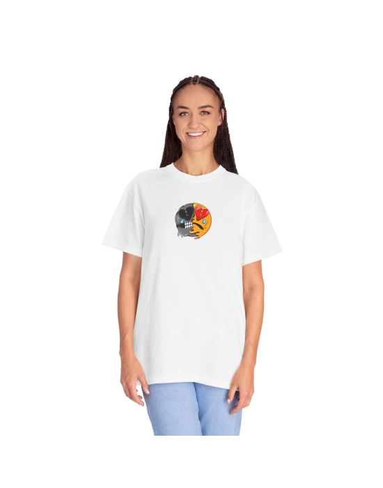 Unisex Kalbi Kırık Zombi Emoji Baskılı Beyaz Basic Tshirt