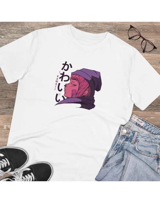 Unisex Kawaii Girl Baskılı Beyaz Basic Tshirt