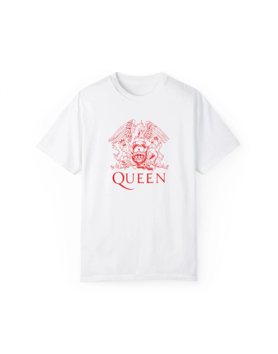 Unisex Kırmızı Queen Yazı Baskılı Metal Beyaz Basic Tshirt