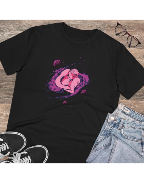 Unisex Kiss Galaxy Baskılı Siyah Basic Tshirt