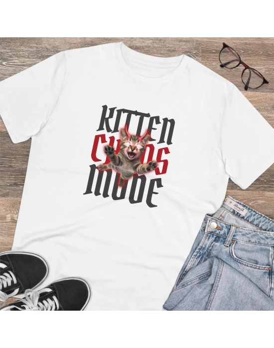 Unisex Kitten Chaos Mode Baskılı Beyaz Basic Tshirt