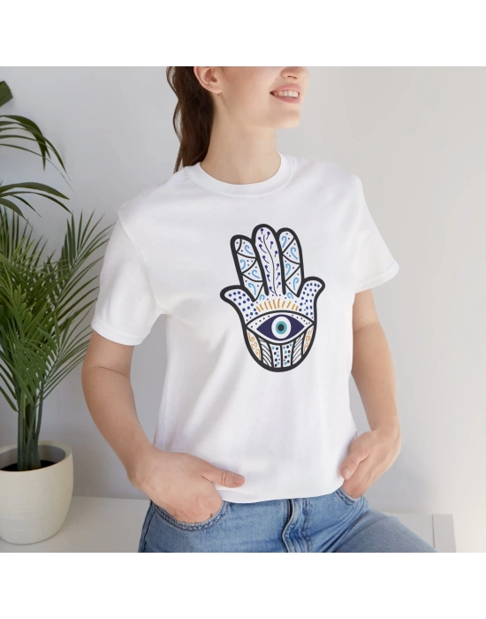 Unisex Lotus Nazar Baskılı Beyaz Basic Tshirt