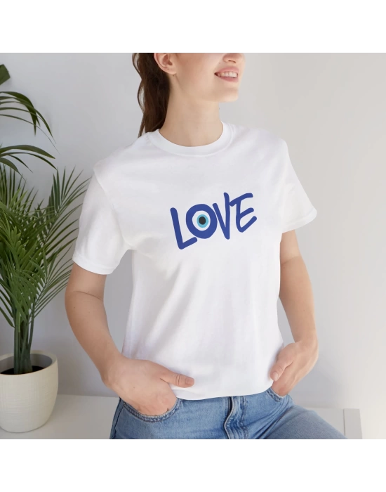 Unisex Love Nazar Baskılı Beyaz Basic Tshirt