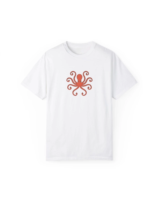 Unisex Middle Finger Octopus Baskılı Beyaz Basic Tshirt