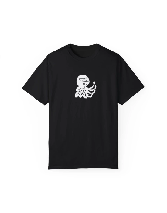 Unisex Middle Fingers Octopus Baskılı Siyah Basic Tshirt