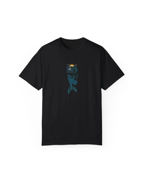 Unisex Minimal Mermaid Tasarım Baskılı Siyah Basic Tshirt