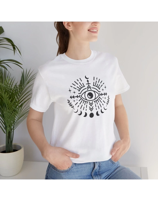 Unisex Minimal Tasarım Nazar Baskılı Beyaz Basic Tshirt