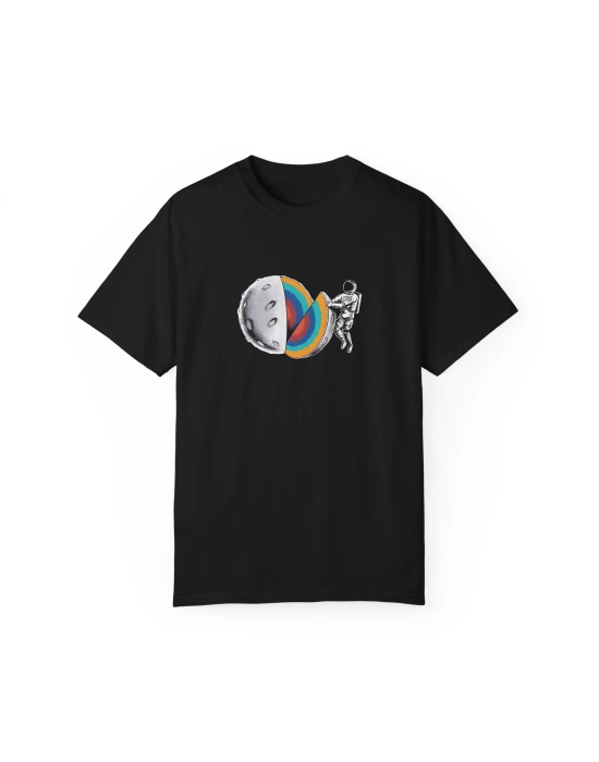 Unisex Moon Spaceman Baskılı Siyah Basic Tshirt