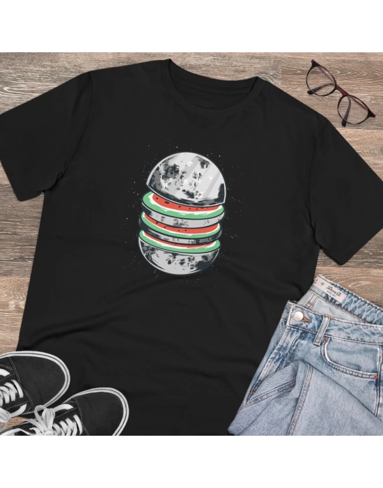 Unisex Moon Watermelon Baskılı Siyah Basic Tshirt