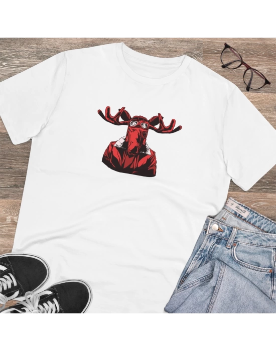 Unisex Moose Google Baskılı Beyaz Basic Tshirt