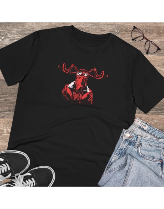 Unisex Moose Google Baskılı Siyah Basic Tshirt