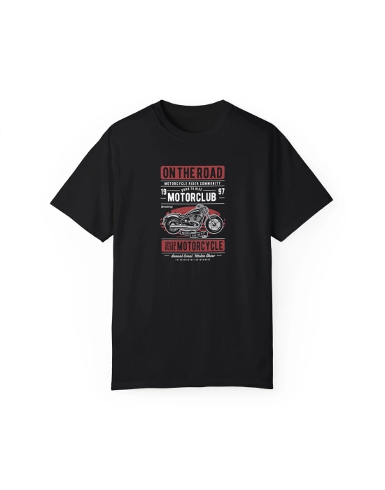 Unisex Motorcycle On The Road Baskılı Siyah Basic Tshirt