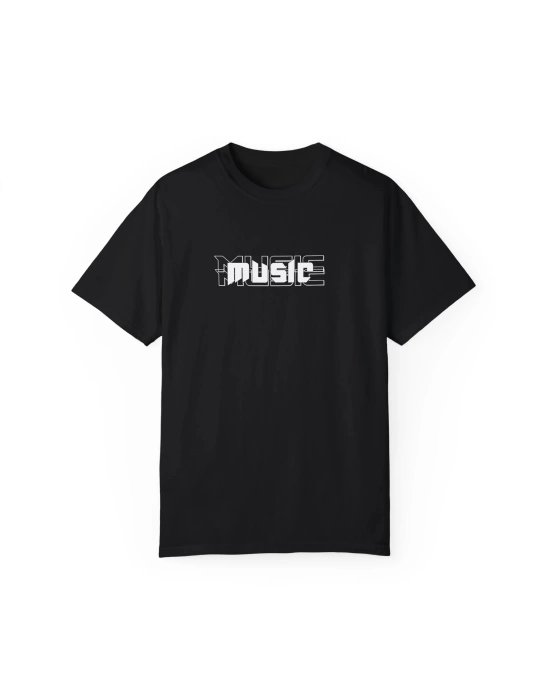 Unisex Music Yazı Baskılı Siyah Basic Tshirt