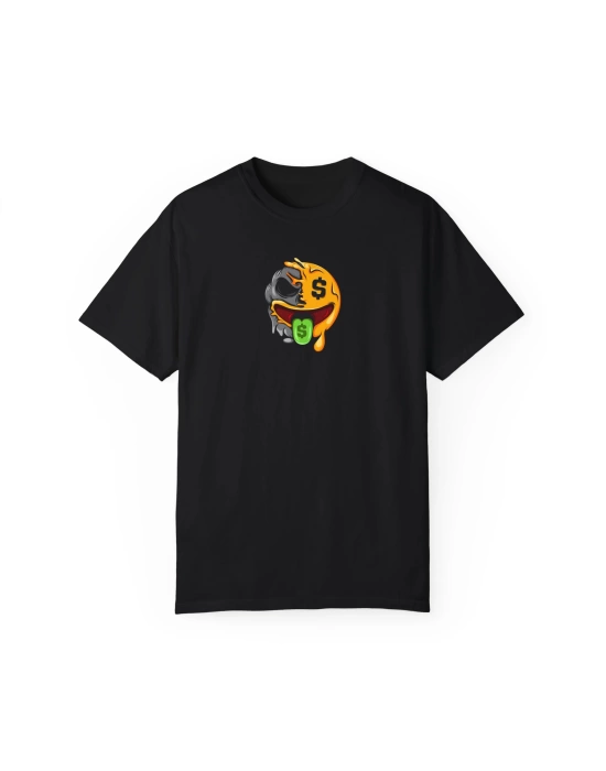 Unisex Para Ağızlı Zombi Emoji Baskılı Siyah Basic Tshirt