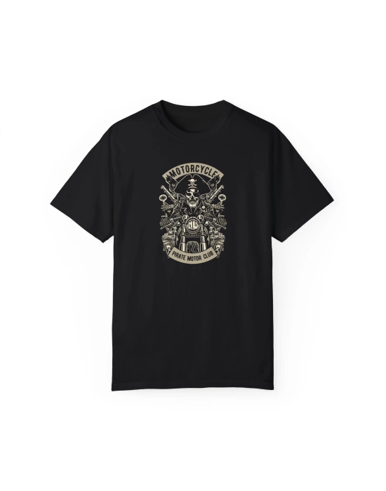 Unisex Pirate Motorcycle Club Baskılı Siyah Basic Tshirt