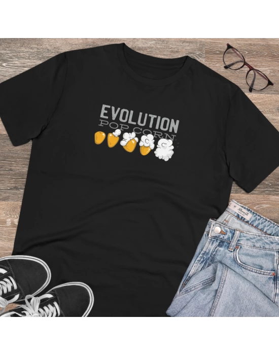 Unisex Popcorn Evolution Baskılı Siyah Basic Tshirt