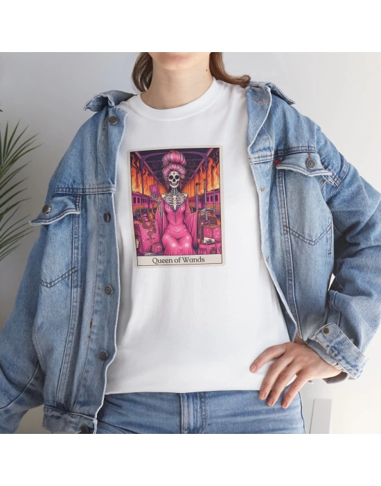 Unisex Queen of Wands Tarot Kart Baskılı Beyaz Basic Tshirt