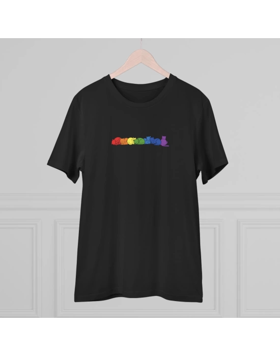 Unisex Rainbow Cats Baskılı Siyah Basic Tshirt