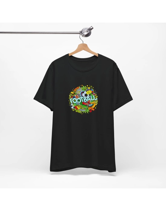 Unisex Renkli Football Yazı Baskılı Siyah Basic Tshirt