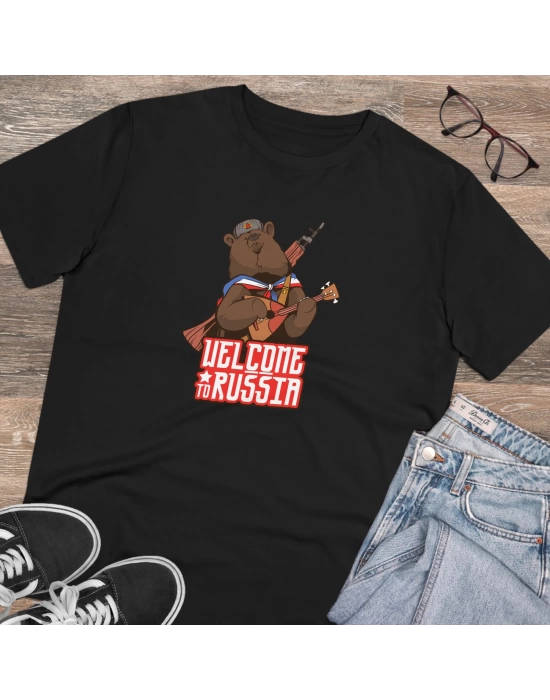 Unisex Russian Bear Baskılı Siyah Basic Tshirt