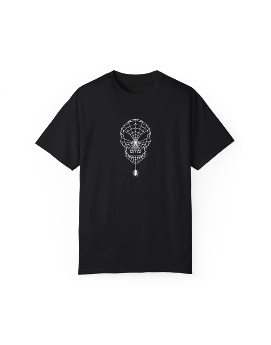 Unisex Skull Spiderweb Baskılı Siyah Basic Tshirt