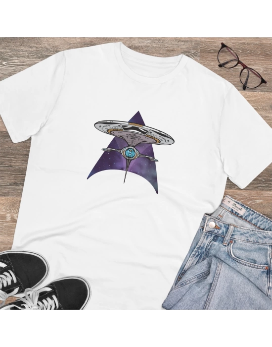 Unisex Space Ship Baskılı Beyaz Basic Tshirt