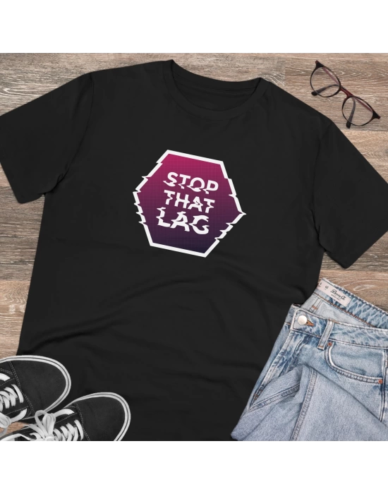 Unisex Stop That Lag Baskılı Siyah Basic Tshirt