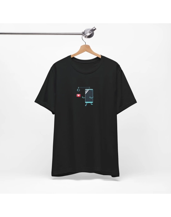 Unisex Telefon Bağımlısı Baskılı Siyah Basic Tshirt