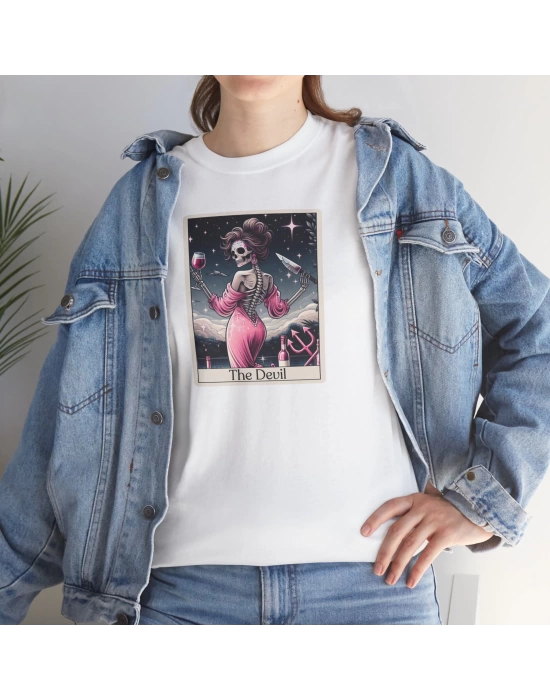 Unisex The Devil Tarot Kart Baskılı Beyaz Basic Tshirt