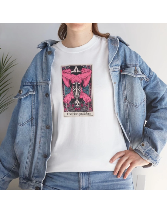 Unisex The Handed Man Tarot Kart Baskılı Beyaz Basic Tshirt