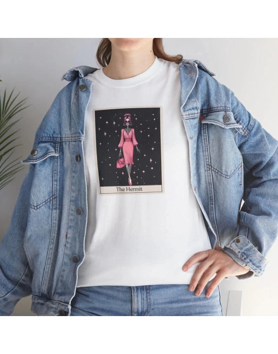 Unisex The Hermit Tarot Kart Baskılı Beyaz Basic Tshirt