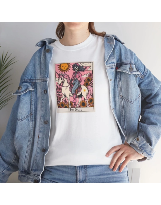 Unisex The Pink Sun Tarot Kart Baskılı Beyaz Basic Tshirt