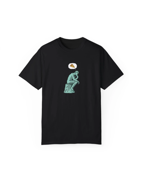 Unisex The Thinker Pizza Baskılı Siyah Basic Tshirt