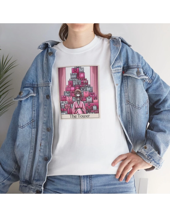 Unisex The Tower Tarot Kart Baskılı Beyaz Basic Tshirt