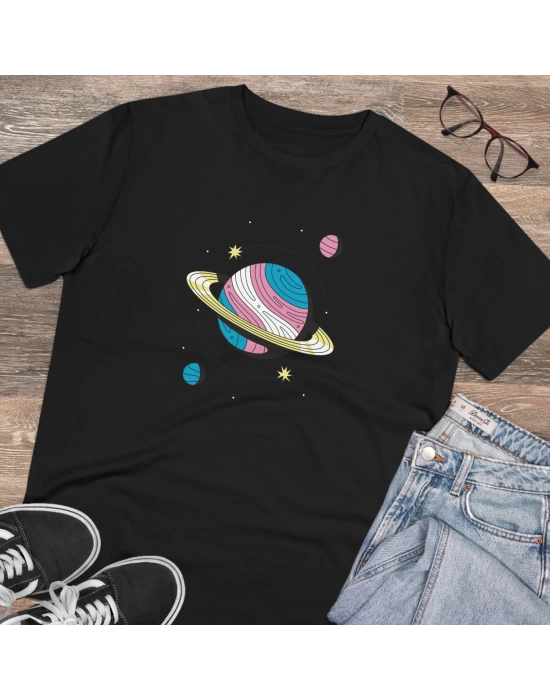 Unisex Transgender Planet Baskılı Siyah Basic Tshirt