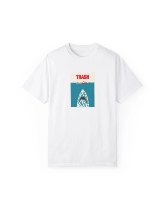 Unisex Trash Shark Baskılı Beyaz Basic Tshirt