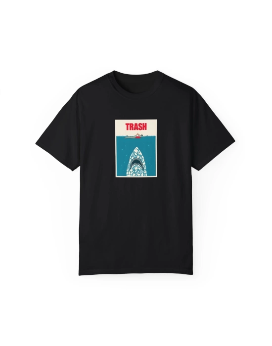 Unisex Trash Shark Baskılı Siyah Basic Tshirt