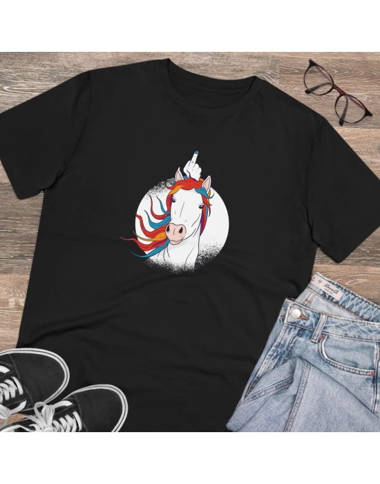 Unisex Unicorn Middle Finger Baskılı Siyah Basic Tshirt