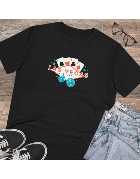 Unisex Vegas Pool Party Baskılı Siyah Basic Tshirt