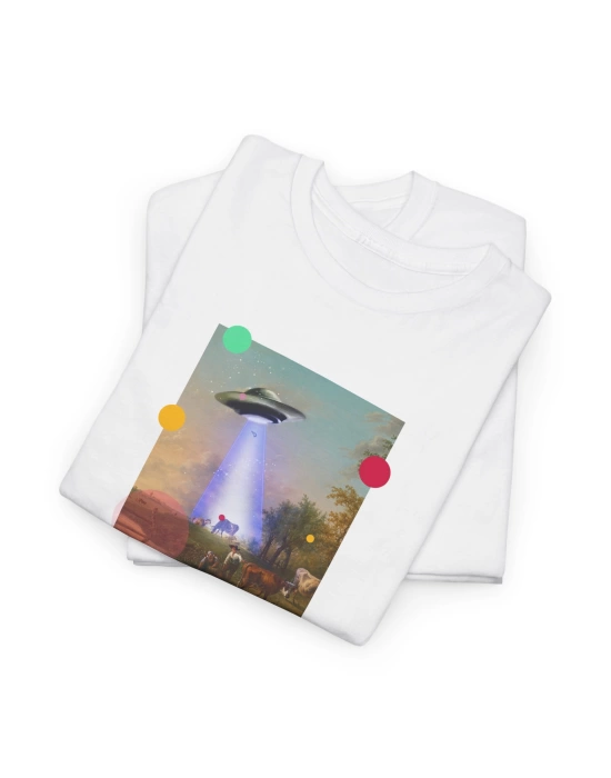 Unisex Vintage Ufo Tasarım Baskılı Beyaz Basic Tshirt