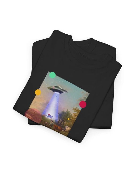 Unisex Vintage Ufo Tasarım Baskılı Siyah Basic Tshirt