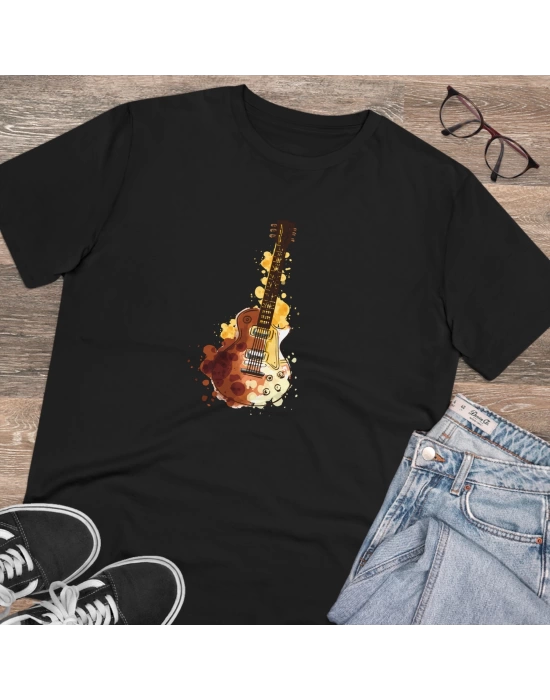 Unisex Watercolor Guitar Baskılı Siyah Basic Tshirt