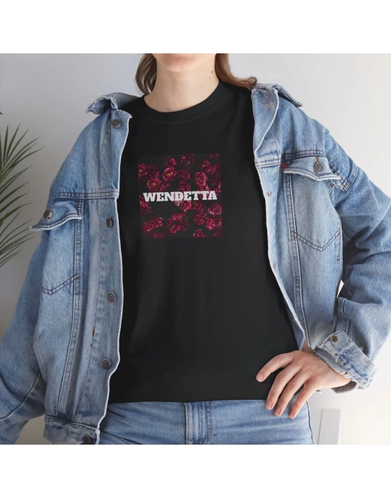 Unisex Wendetta Roses Baskılı Siyah Basic Tshirt